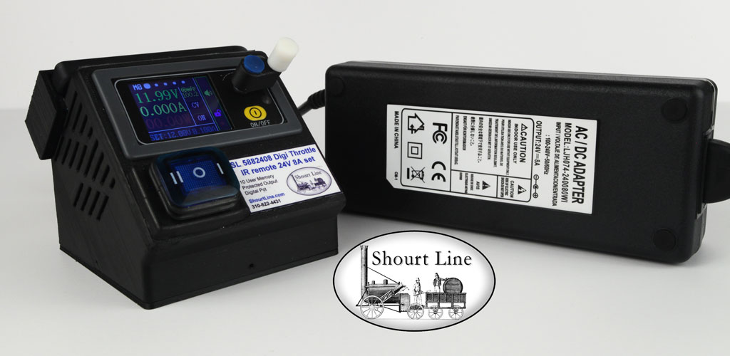 SL-DC-8-SPS-Set: Any Gauge SL 5882408 400W 50V 8.1A Max. Precision Digi Throttle w IR Remote Control + SL 5112408 Regulated PS 24V 8A AC supply w AC cord power supply bottom label